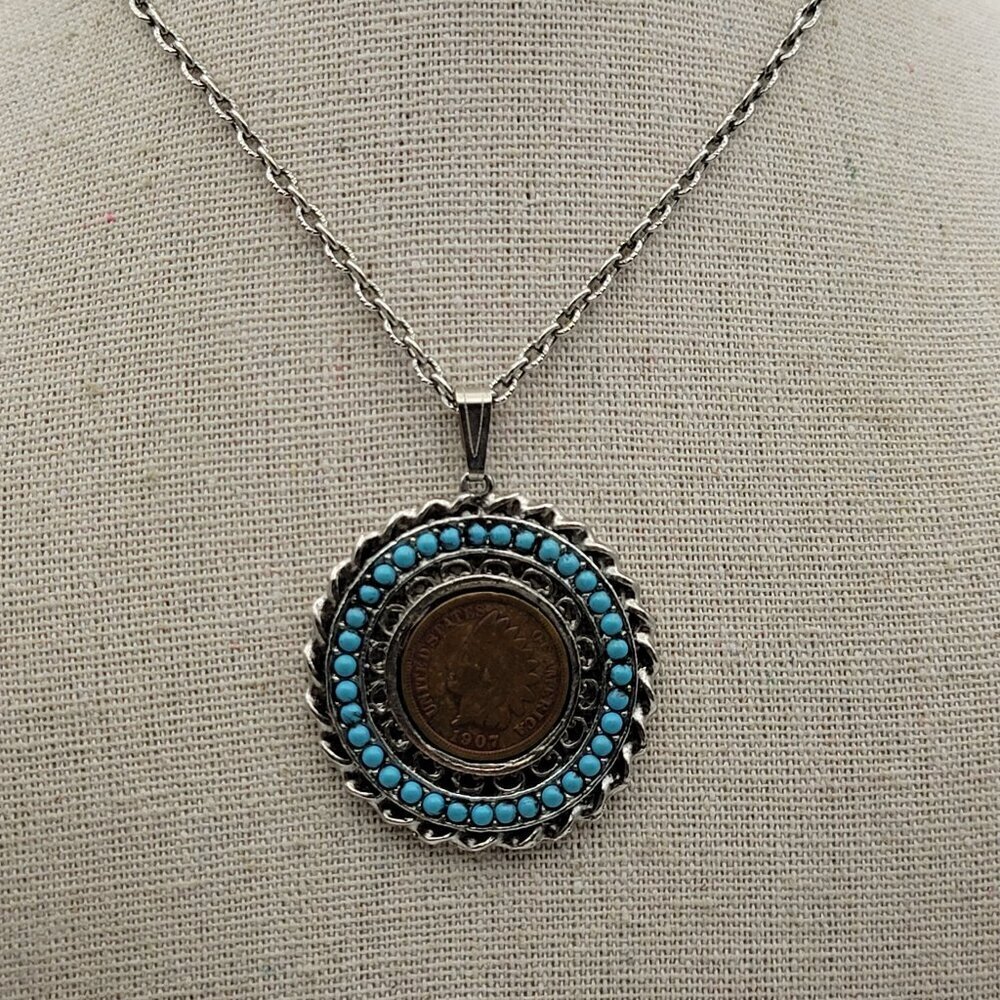 Vtg. 1907 USA Indian Head Penny And Turquoise Pendant Necklace Silver-Tone 24 In